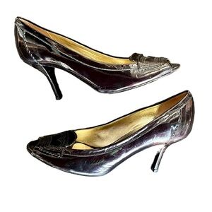 Claudia Ciuti Made-Italy Black patent leather-peep Toe-Wing Tipped Heels SZ-7
